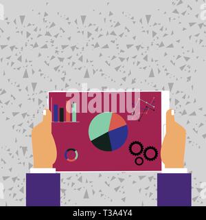 Hands Holding Tablet with Search Engine Optimization Driver Icons on Screen Design business concept Empty template copy space text for Ad website isol Stock Vector