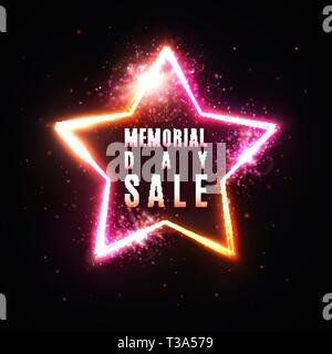 Memorial day sale banner. Realistic glowing star. Stock Vector