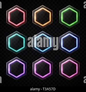 Colorful neon hexagon banners set. Hexagonal logo. Stock Vector