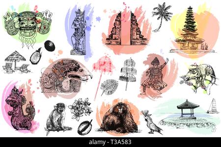 Set of hand drawn sketch style Bali themed objects isolated on white background. Vector illustration. Stock Vector