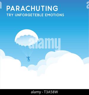 Parachuting, Try Unforgettable Emotions. Banner with blue sky at clear sunny day. Vector illustration in EPS10. Stock Vector