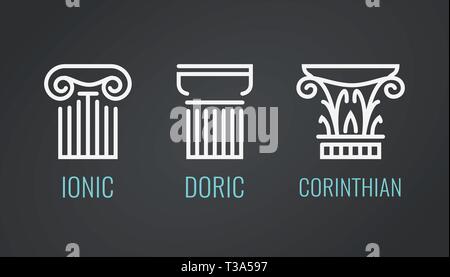 Ionic, Doric and Corinthian icons in lineart style on dark background. Vector set of Greek columns in EPS10. Stock Vector