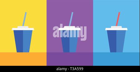 Icon of Blue plastic cup with Coke or Ice Tea on Yellow, violet and blue background. Vector illustration for decoration of Cafe menu or Web site. Stock Vector