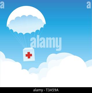 Delivery Service of medical goods and supplies. Banner illustrating fast First Aid and Emergency with copy space at right area. Box with Medical Suppl Stock Vector