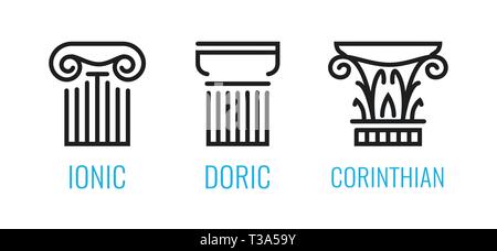 Ionic orders of ancient Greece. Ionic, Dorian, Corintian column lineart shapes isolated on white background. Vector icons in EPS10 for Architecture an Stock Vector