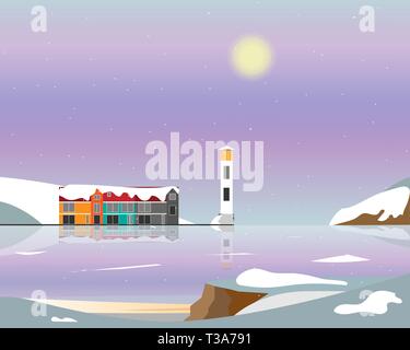Lighthouse and houses standing on the island in the sea against the backdrop of the mountains. Winter. Vector illustration. Stock Vector