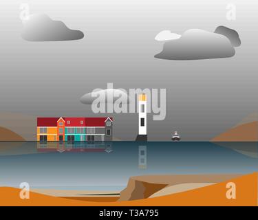 Lighthouse and houses standing on the island in the sea against the backdrop of the mountains. Autumn. Vector illustration. Stock Vector