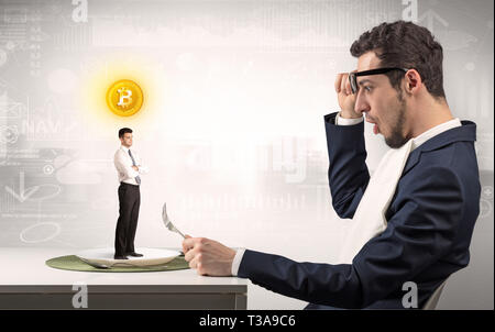 Giant businessman eating small man with financial background  Stock Photo