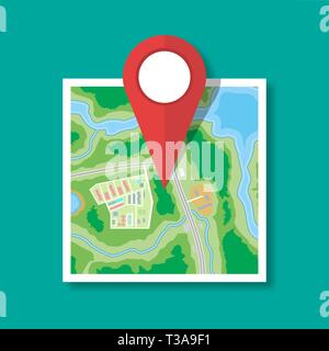 Folded paper city suburban map. Abstract generic map with roads, buildings, parks, river, lake. GPS and navigation. Vector illustration in flat style Stock Vector