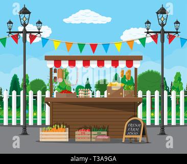 Traditional wooden market food stall full of groceries products with flags, crates and chalk board. Vector illustration in flat style Stock Vector