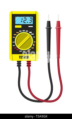 Digital multimeter with measuring probe. Electrical multitester. Testing voltages on electronic equipment. Vector illustration in flat style Stock Vector