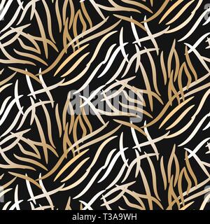 Abstract stripes seamless vector pattern gold on black background print. Stock Vector