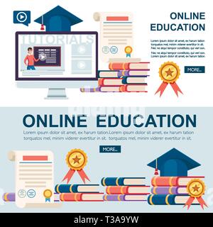 Online education concept. Flat vector illustration. Web site page and mobile app design. Online training, workshops and courses visualization. Stock Vector