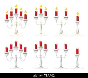 Candles in candlesticks set. Silver candelabra with red burning candles. Flat vector illustration isolated on white background. Stock Vector