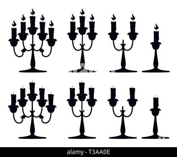 Black silhouette. Candles in candlesticks set. Silver candelabra with red burning candles. Flat vector illustration isolated on white background. Stock Vector