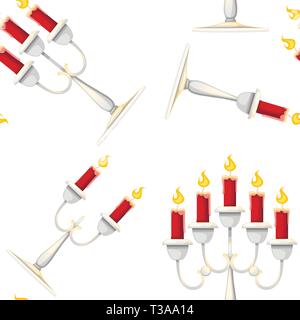 Seamless pattern. Candles in candlesticks set. Silver candelabra with red burning candles. Flat vector illustration on white background. Stock Vector