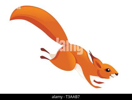 Cute little squirrel jumping down. Side view. Cartoon animal character design. Flat vector illustration isolated on white background. Stock Vector