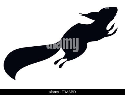 Black silhouette. Cute little squirrel jumping up. Side view. Cartoon animal character design. Flat vector illustration isolated on white background. Stock Vector