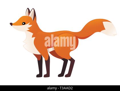 Cute red fox is standing on four legs. Cartoon animal character design. Forest animal. Flat vector illustration isolated on white background. Stock Vector