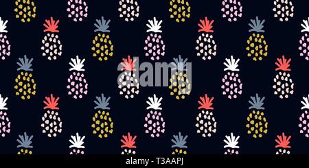 Pineapple tropical dark textile seamless vector print. Stock Vector