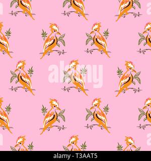 Exotic orange birds seamless vector pattern pink background. Stock Vector