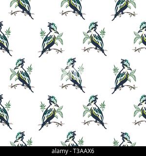 Exotic hand drawn cute birds seamless vector pattern white background. Stock Vector