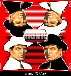 Pattern of portraits of cowboys on a red background. Persons are made in the style of low polygon. It can be a template for business cards, banners. Stock Vector