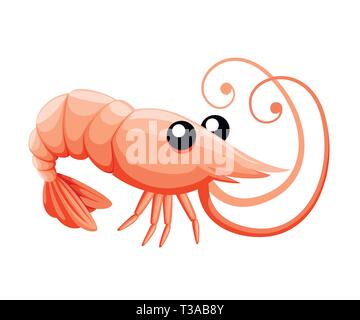Cute shrimp. Cartoon animal character design. Swimming crustaceans. Flat vector illustration isolated on white background. Stock Vector