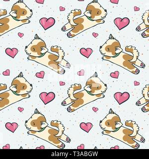 Seamless doodle pattern with cute elements. Endless vector image. Kawaii dog in love Stock Vector
