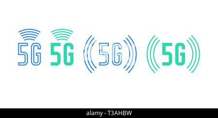 Icon set of 5G network mobile technology. Vector illustration of wireless 5G internet connection with high speed data transfer rate for phones. Isolat Stock Vector