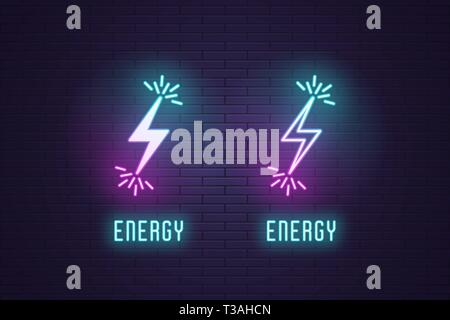 Neon composition set of Lightning bolt flash. Vector illustration of glowing Lightning with sparks and text Energy. Electric strike charge. Neon glowi Stock Vector