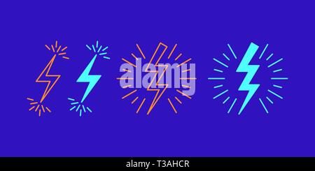 Icon set of Lightning bolt flash. Vector illustration of zigzag Lightning surrounded by sparks. Electric strike charge. Isolated outline and fill sign Stock Vector