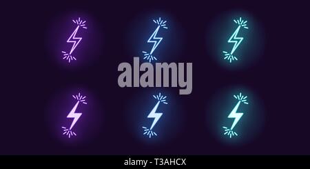 Neon icon set of Lightning bolt flash. Vector illustration of glowing Lightning with sparks. Electric strike charge. Neon glowing sign, symbol, icon.  Stock Vector