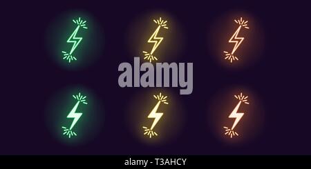 Neon icon set of Lightning bolt flash. Vector illustration of glowing Lightning with sparks. Electric strike charge. Neon glowing sign, symbol, icon.  Stock Vector