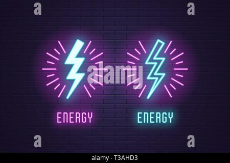 Neon composition set of Lightning bolt flash. Vector illustration of glowing zigzag Lightning surrounded sparks and text Energy. Electric strike charg Stock Vector