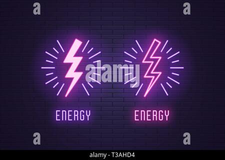 Neon composition set of Lightning bolt flash. Vector illustration of glowing zigzag Lightning surrounded sparks and text Energy. Electric strike charg Stock Vector