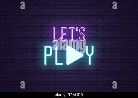 Neon composition of Lets play sign. Vector illustration of neon Slogan with text Lets play and icon. Isolated glowing motivational headline. Bright UI Stock Vector