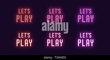 Neon icon set of Lets play. Vector illustration of neon Slogan with text Lets play. Isolated glowing phrase icon, composition. Bright UI element. Red, Stock Vector