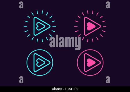 Icon set of Play button. Vector illustration of round Play sign with Heart inside and surrounded by rays or sparks. Isolated outline icon, sign, symbo Stock Vector