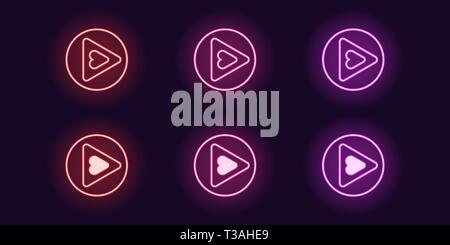 Neon icon set of Play button. Vector illustration of round neon Play sign with Heart inside. Isolated glowing outline icon, sign symbol. Red, pink and Stock Vector