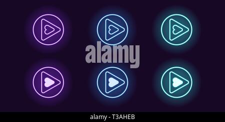 Neon icon set of Play button. Vector illustration of round neon Play sign with Heart inside. Isolated glowing outline icon, sign symbol. Violet, blue  Stock Vector