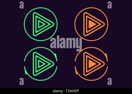 Icon set of Play button. Vector illustration of round Play sign with repeating circular arrow. Isolated outline icon, sign, symbol. UI element. Green  Stock Vector