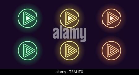 Neon icon set of Play button. Vector illustration of round neon Play sign with repeating circular arrow. Isolated glowing outline icon, sign symbol. U Stock Vector