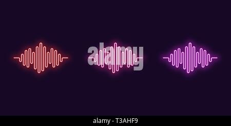 Neon icon Set of Digital sound wave. Vector abstract illustration of neon Music wave shape. Wavy motion line, pulsating audio track. Isolated glowing  Stock Vector
