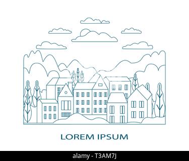 Thin line outline landscape rural farm. Symbol design village outdoor modern with mountain, hill, tree, sky, cloud and sun. Line art style abstract ba Stock Vector