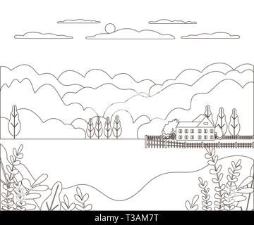 Thin line outline landscape rural farm. Panorama outdoor design village modern with mountain, hill, tree, sky, cloud and sun. Line art style abstract  Stock Vector