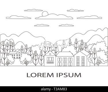 Thin line outline landscape rural farm. Panorama outdoor design village modern with mountain, hill, tree, sky, cloud and sun. Line art style abstract  Stock Vector