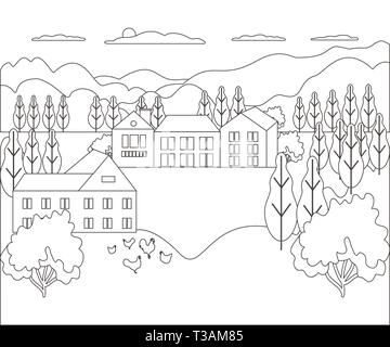 Thin line outline landscape rural farm. Panorama outdoor design village modern with mountain, hill, tree, sky, cloud and sun. Line art style abstract  Stock Vector