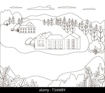 Thin line outline landscape rural farm. Panorama outdoor design village modern with mountain, hill, tree, sky, cloud and sun. Line art style abstract  Stock Vector