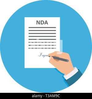 Colored Cartooned Hand Signing NDA. Contract Signed document. NDA concept. Secret files. Stock vector illustration. Stock Vector